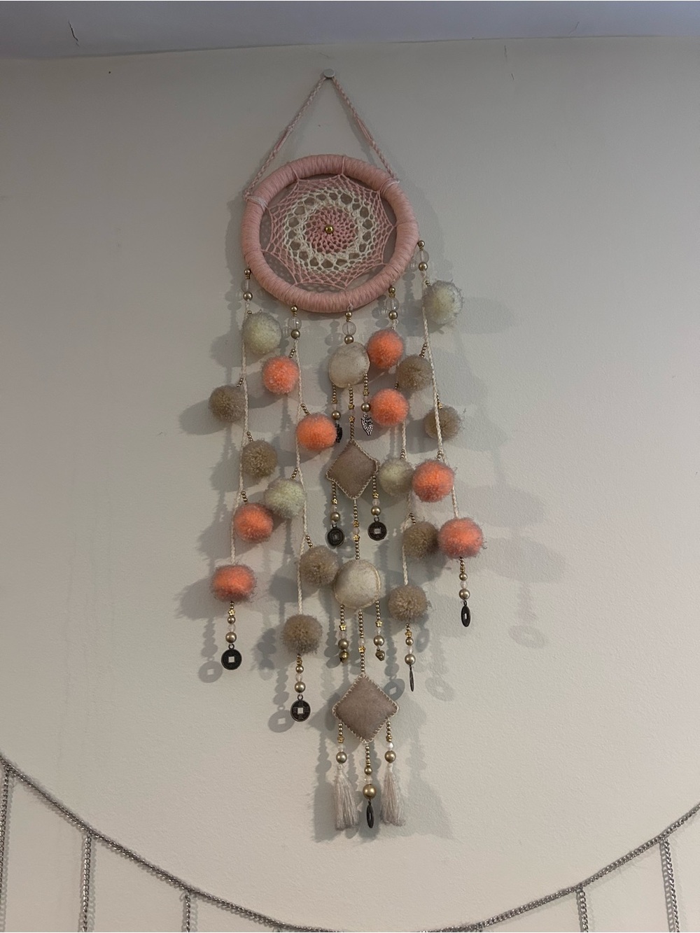 Handcrafted Pink and Neutral Pom-Pom Wall Hanging Dreamcatcher